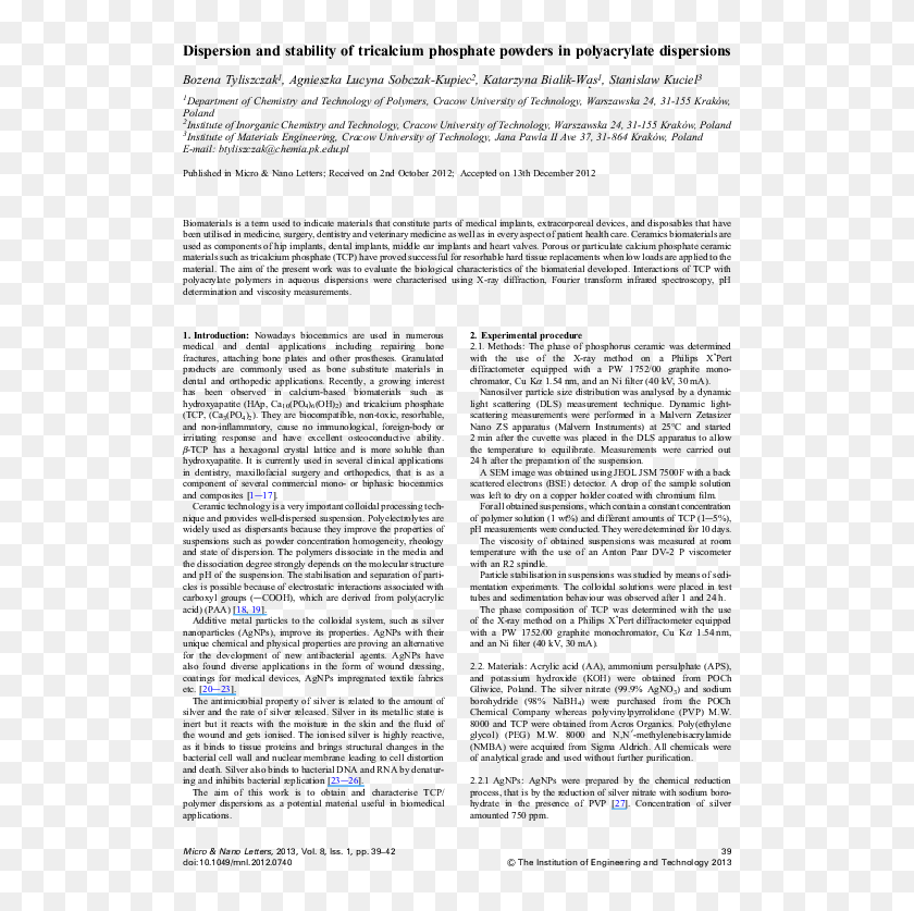 Dispersion And Stability Of Tricalcium Phosphate Powders - Folio ...