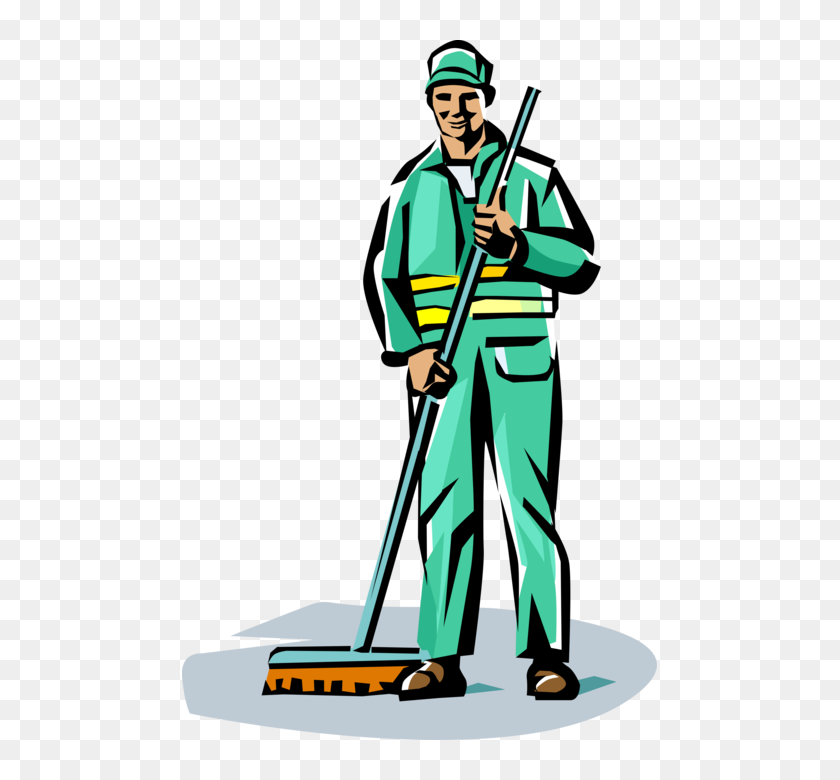 Vector Illustration Of School Janitor Custodian With - Janitor Sweeping ...